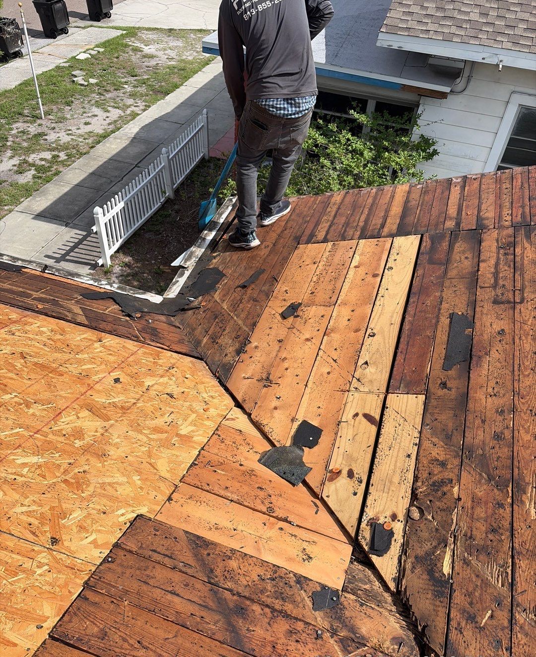 New plywood sheathing patches installed during a Protek roof replacement in Tampa FL