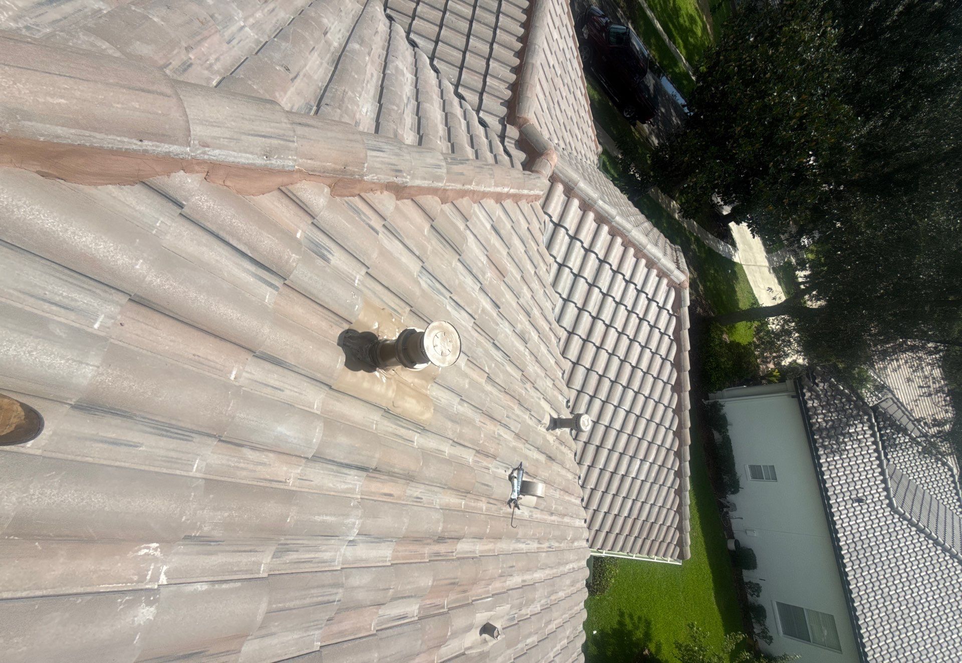 Aerial view of a tile roof installation in Tampa FL by Protek Roofing