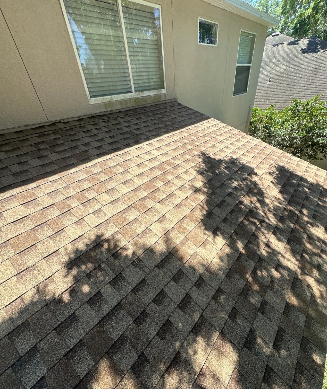 New shingle roof slope meeting the upper walls of a Riverview FL home