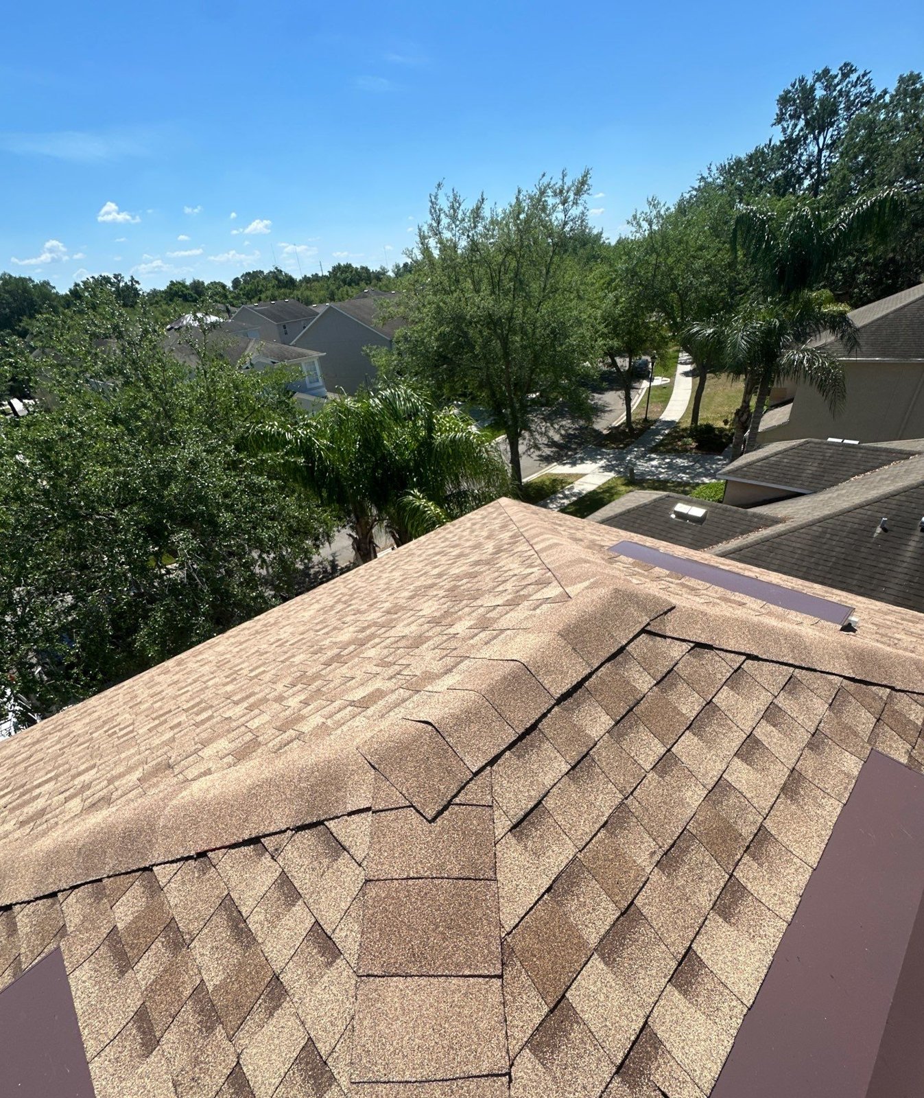 New architectural shingle roof ridge and hip detail after replacement in Riverview FL
