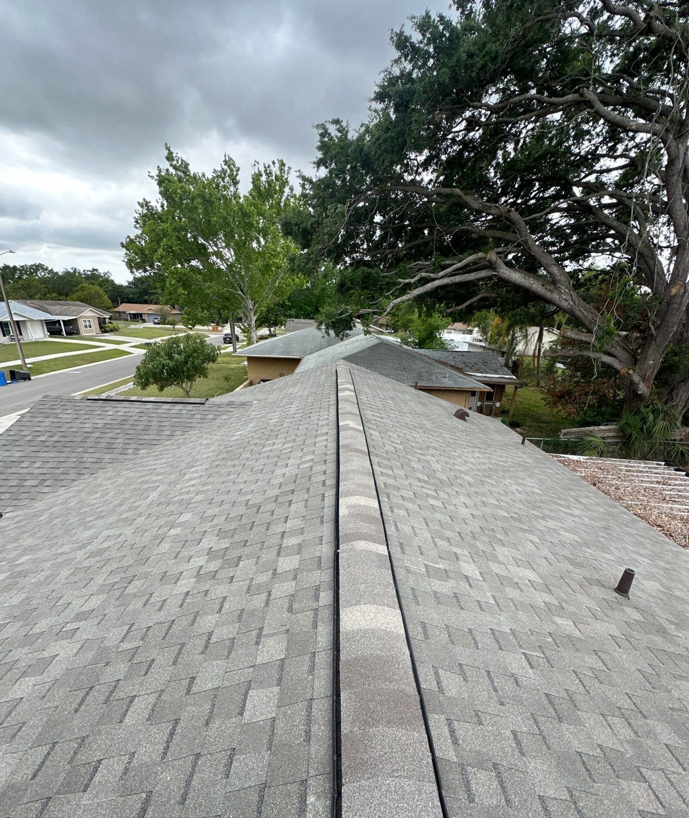 New gray architectural shingle roof with a vented ridge after replacement in Seffner FL