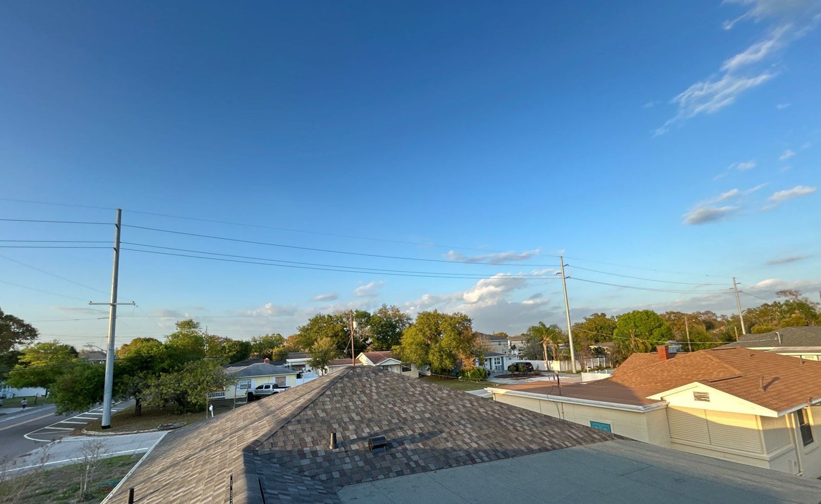 Completed shingle roof replacement viewed from the rooftop in Tampa FL