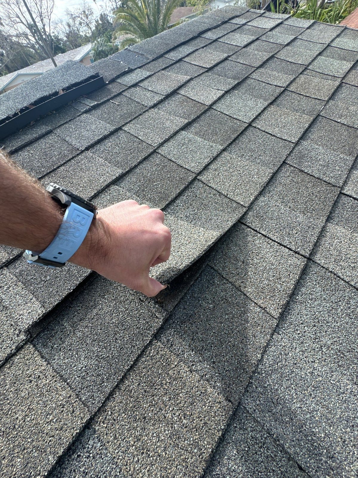 Inspector lifting an unsealed shingle tab during a roof inspection in St. Petersburg FL